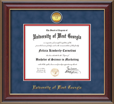 Image of University of West Georgia Diploma Frame - Cherry Lacquer - w/24k Gold Plated Medallion UWG Name Embossing - Royal Blue Suede on Crimson Mat