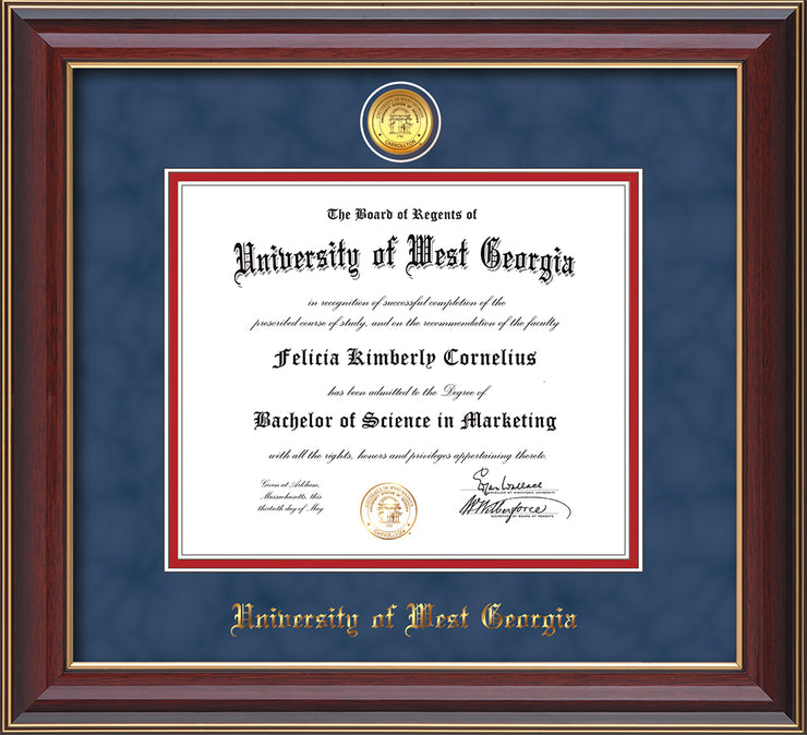 Image of University of West Georgia Diploma Frame - Cherry Lacquer - w/24k Gold Plated Medallion UWG Name Embossing - Royal Blue Suede on Crimson Mat