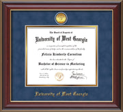 Image of University of West Georgia Diploma Frame - Cherry Lacquer - w/24k Gold Plated Medallion UWG Name Embossing - Royal Blue Suede on Gold Mat