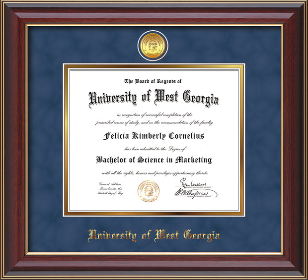 Image of University of West Georgia Diploma Frame - Cherry Lacquer - w/24k Gold Plated Medallion UWG Name Embossing - Royal Blue Suede on Gold Mat