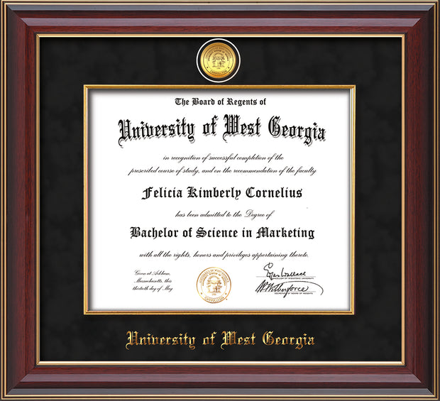 Image of University of West Georgia Diploma Frame - Cherry Lacquer - w/24k Gold Plated Medallion & Fillet - w/UWG Name Embossing - Black Suede Mat