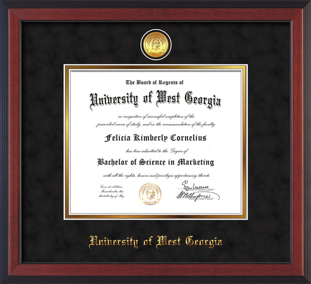 Image of University of West Georgia Diploma Frame - Cherry Reverse - w/24k Gold Plated Medallion UWG Name Embossing - Black Suede on Gold Mat