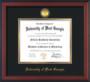 Image of University of West Georgia Diploma Frame - Cherry Reverse - w/24k Gold Plated Medallion UWG Name Embossing - Black on Gold Mat