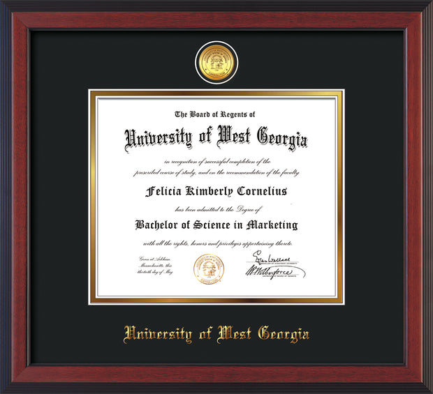 Image of University of West Georgia Diploma Frame - Cherry Reverse - w/24k Gold Plated Medallion UWG Name Embossing - Black on Gold Mat