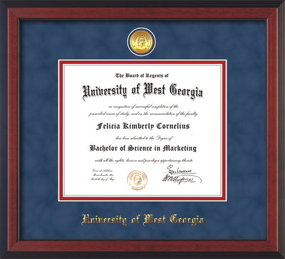 Image of University of West Georgia Diploma Frame - Cherry Reverse - w/24k Gold Plated Medallion UWG Name Embossing - Royal Blue Suede on Crimson Mat