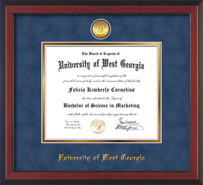 Image of University of West Georgia Diploma Frame - Cherry Reverse - w/24k Gold Plated Medallion UWG Name Embossing - Royal Blue Suede on Gold Mat