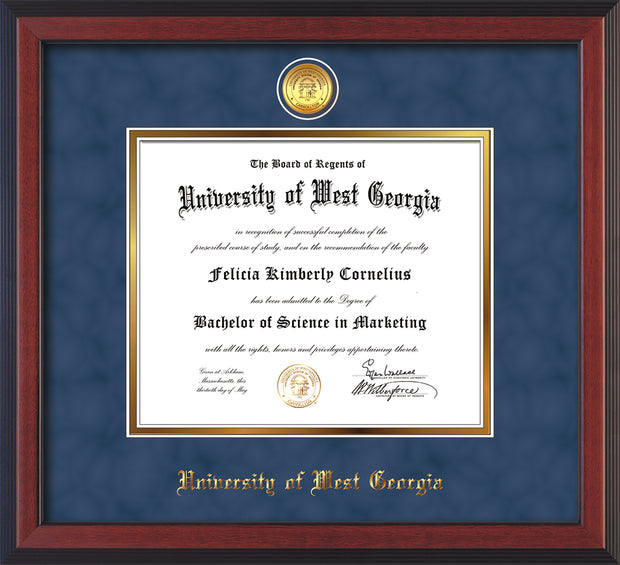 Image of University of West Georgia Diploma Frame - Cherry Reverse - w/24k Gold Plated Medallion UWG Name Embossing - Royal Blue Suede on Gold Mat