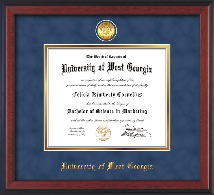 Image of University of West Georgia Diploma Frame - Cherry Reverse - w/24k Gold Plated Medallion UWG Name Embossing - Royal Blue Suede on Gold Mat