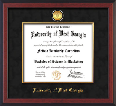 Image of University of West Georgia Diploma Frame - Cherry Reverse - w/24k Gold Plated Medallion & Fillet - w/UWG Name Embossing - Black Suede Mat