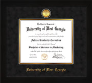 Image of University of West Georgia Diploma Frame - Flat Matte Black - w/24k Gold Plated Medallion UWG Name Embossing - Black Suede on Gold Mat