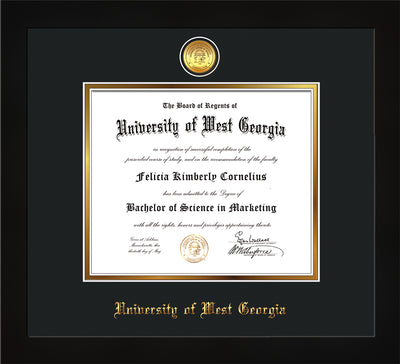 Image of University of West Georgia Diploma Frame - Flat Matte Black - w/24k Gold Plated Medallion UWG Name Embossing - Black on Gold Mat