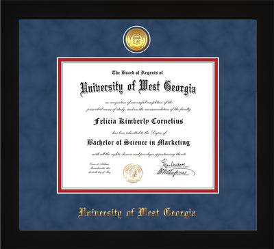 Image of University of West Georgia Diploma Frame - Cherry Reverse - w/24k Gold Plated Medallion UWG Name Embossing - Royal Blue Suede on Crimson Mat