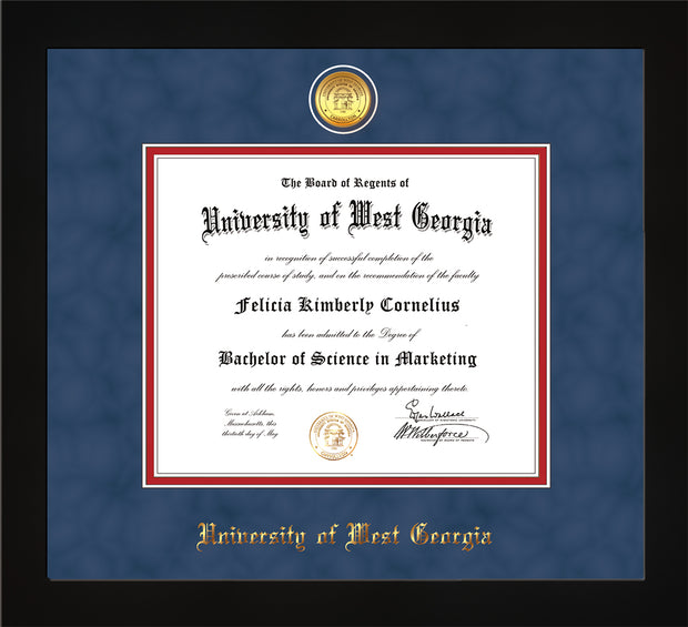 Image of University of West Georgia Diploma Frame - Cherry Reverse - w/24k Gold Plated Medallion UWG Name Embossing - Royal Blue Suede on Crimson Mat