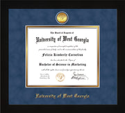 Image of University of West Georgia Diploma Frame - Flat Matte Black - w/24k Gold Plated Medallion UWG Name Embossing - Royal Blue Suede on Gold Mat