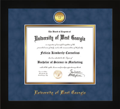 Image of University of West Georgia Diploma Frame - Flat Matte Black - w/24k Gold Plated Medallion UWG Name Embossing - Royal Blue Suede on Gold Mat