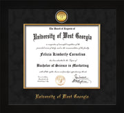 Image of University of West Georgia Diploma Frame - Flat Matte Black - w/24k Gold Plated Medallion & Fillet - w/UWG Name Embossing - Black Suede Mat