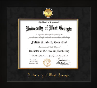 Image of University of West Georgia Diploma Frame - Flat Matte Black - w/24k Gold Plated Medallion & Fillet - w/UWG Name Embossing - Black Suede Mat