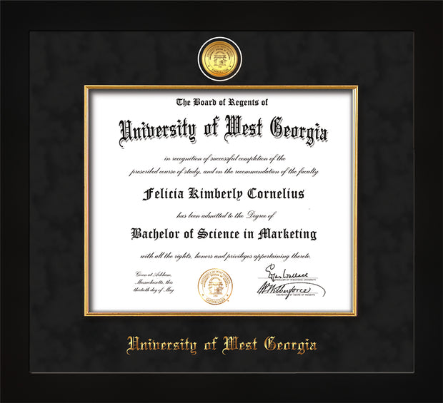 Image of University of West Georgia Diploma Frame - Flat Matte Black - w/24k Gold Plated Medallion & Fillet - w/UWG Name Embossing - Black Suede Mat