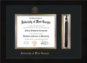 Image of University of West Georgia Diploma Frame - Flat Matte Black - w/UWG Embossed Seal & Name - Tassel Holder - Black on Gold mat