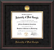 Image of University of West Georgia Diploma Frame - Mahogany Braid - w/24k Gold Plated Medallion UWG Name Embossing - Black Suede on Gold Mat