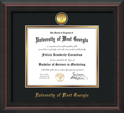 Image of University of West Georgia Diploma Frame - Mahogany Braid - w/24k Gold Plated Medallion UWG Name Embossing - Black on Gold Mat