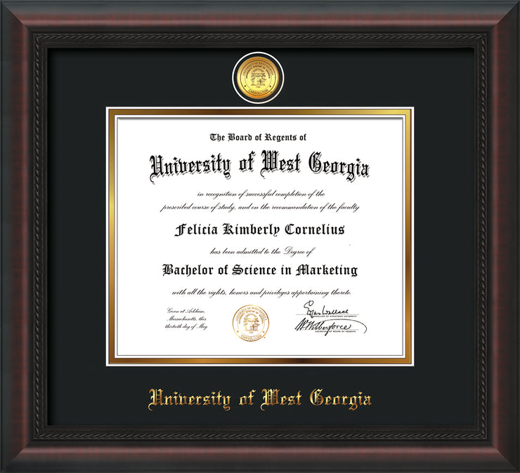 Image of University of West Georgia Diploma Frame - Mahogany Braid - w/24k Gold Plated Medallion UWG Name Embossing - Black on Gold Mat