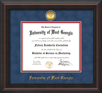 Image of University of West Georgia Diploma Frame - Mahogany Braid - w/24k Gold Plated Medallion UWG Name Embossing - Royal Blue Suede on Crimson Mat