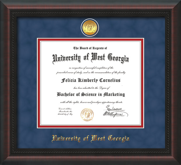 Image of University of West Georgia Diploma Frame - Mahogany Braid - w/24k Gold Plated Medallion UWG Name Embossing - Royal Blue Suede on Crimson Mat