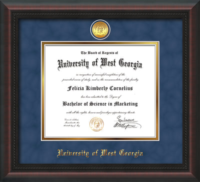 Image of University of West Georgia Diploma Frame - Mahogany Braid - w/24k Gold Plated Medallion UWG Name Embossing - Royal Blue Suede on Gold Mat