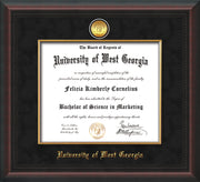 Image of University of West Georgia Diploma Frame - Mahogany Braid - w/24k Gold Plated Medallion & Fillet - w/UWG Name Embossing - Black Suede Mat