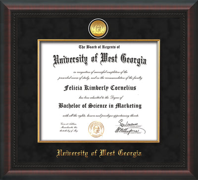 Image of University of West Georgia Diploma Frame - Mahogany Braid - w/24k Gold Plated Medallion & Fillet - w/UWG Name Embossing - Black Suede Mat