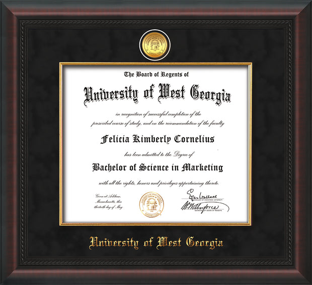 Image of University of West Georgia Diploma Frame - Mahogany Braid - w/24k Gold Plated Medallion & Fillet - w/UWG Name Embossing - Black Suede Mat