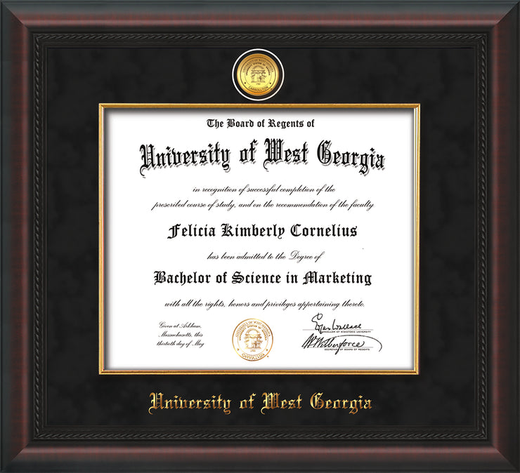 Image of University of West Georgia Diploma Frame - Mahogany Braid - w/24k Gold Plated Medallion & Fillet - w/UWG Name Embossing - Black Suede Mat