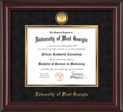 Image of University of West Georgia Diploma Frame - Mahogany Lacquer - w/24k Gold Plated Medallion UWG Name Embossing - Black Suede on Gold Mat
