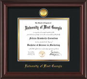 Image of University of West Georgia Diploma Frame - Mahogany Lacquer - w/24k Gold Plated Medallion UWG Name Embossing - Black on Gold Mat