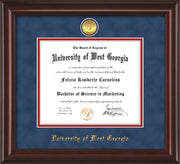 Image of University of West Georgia Diploma Frame - Mahogany Lacquer - w/24k Gold Plated Medallion UWG Name Embossing - Royal Blue Suede on Crimson Mat