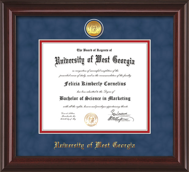 Image of University of West Georgia Diploma Frame - Mahogany Lacquer - w/24k Gold Plated Medallion UWG Name Embossing - Royal Blue Suede on Crimson Mat