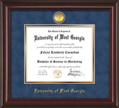 Image of University of West Georgia Diploma Frame - Mahogany Lacquer - w/24k Gold Plated Medallion UWG Name Embossing - Royal Blue Suede on Gold Mat