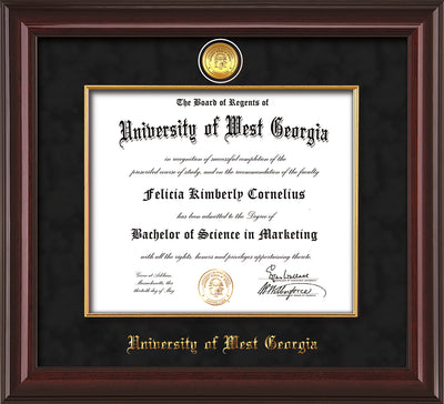 Image of University of West Georgia Diploma Frame - Mahogany Lacquer - w/24k Gold Plated Medallion & Fillet - w/UWG Name Embossing - Black Suede Mat