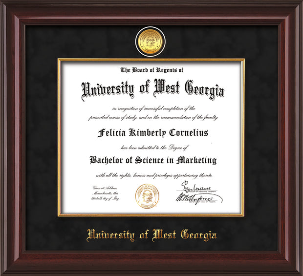 Image of University of West Georgia Diploma Frame - Mahogany Lacquer - w/24k Gold Plated Medallion & Fillet - w/UWG Name Embossing - Black Suede Mat