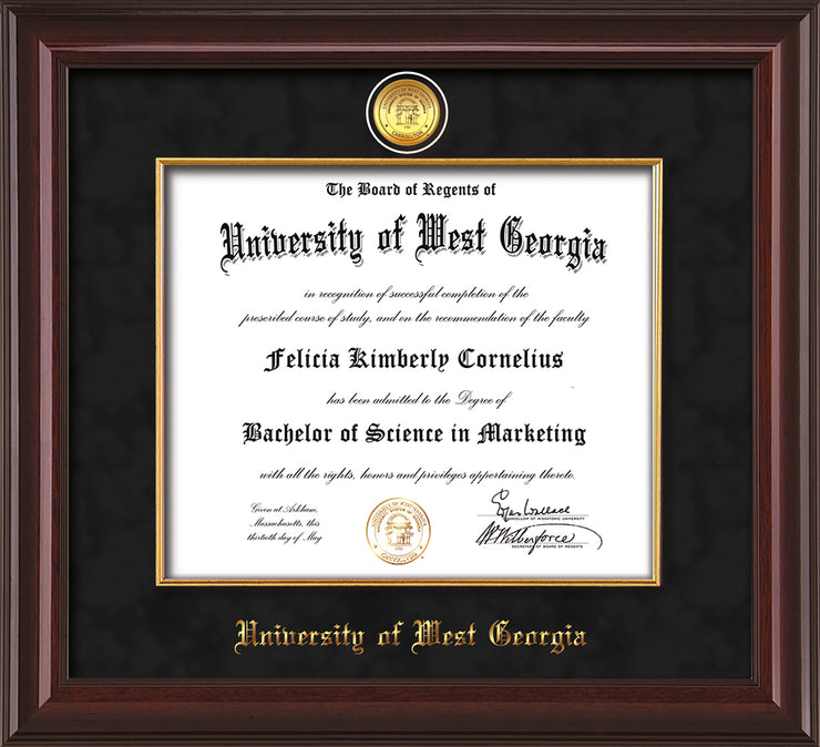 Image of University of West Georgia Diploma Frame - Mahogany Lacquer - w/24k Gold Plated Medallion & Fillet - w/UWG Name Embossing - Black Suede Mat