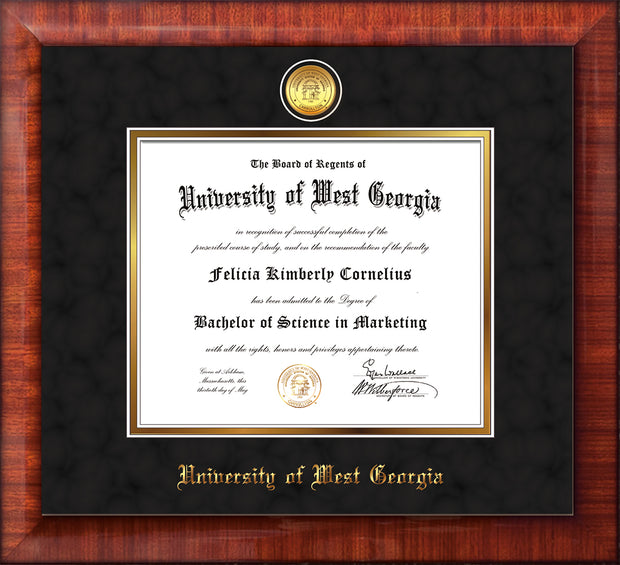 Image of University of West Georgia Diploma Frame - Mezzo Gloss - w/24k Gold Plated Medallion UWG Name Embossing - Black Suede on Gold Mat