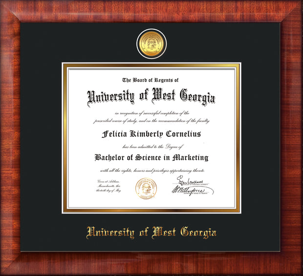 Image of University of West Georgia Diploma Frame - Mezzo Gloss - w/24k Gold Plated Medallion UWG Name Embossing - Black on Gold Mat