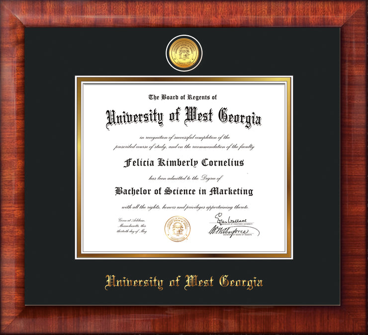 Image of University of West Georgia Diploma Frame - Mezzo Gloss - w/24k Gold Plated Medallion UWG Name Embossing - Black on Gold Mat