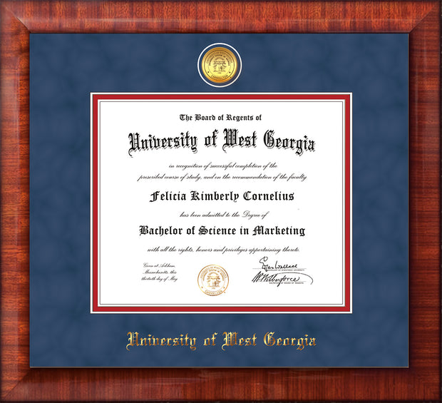 Image of University of West Georgia Diploma Frame - Mezzo Gloss - w/24k Gold Plated Medallion UWG Name Embossing - Royal Blue Suede on Crimson Mat