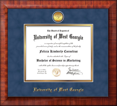 Image of University of West Georgia Diploma Frame - Mezzo Gloss - w/24k Gold Plated Medallion UWG Name Embossing - Royal Blue Suede on Gold Mat