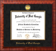 Image of University of West Georgia Diploma Frame - Mezzo Gloss - w/24k Gold Plated Medallion & Fillet - w/UWG Name Embossing - Black Suede Mat
