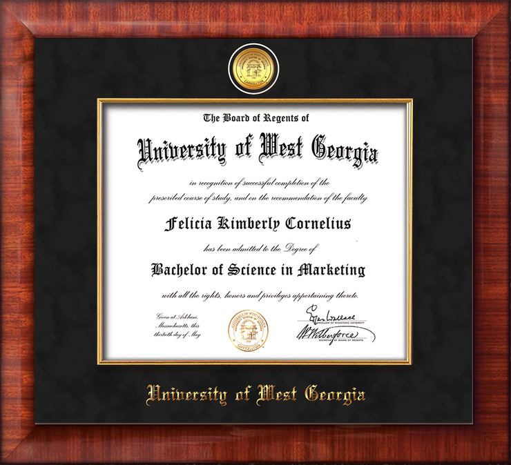 Image of University of West Georgia Diploma Frame - Mezzo Gloss - w/24k Gold Plated Medallion & Fillet - w/UWG Name Embossing - Black Suede Mat