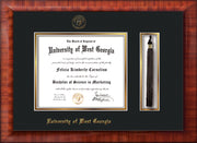 Image of University of West Georgia Diploma Frame - Mezzo Gloss - w/UWG Embossed Seal & Name - Tassel Holder - Black on Gold mat