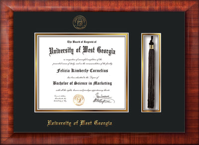 Image of University of West Georgia Diploma Frame - Mezzo Gloss - w/UWG Embossed Seal & Name - Tassel Holder - Black on Gold mat